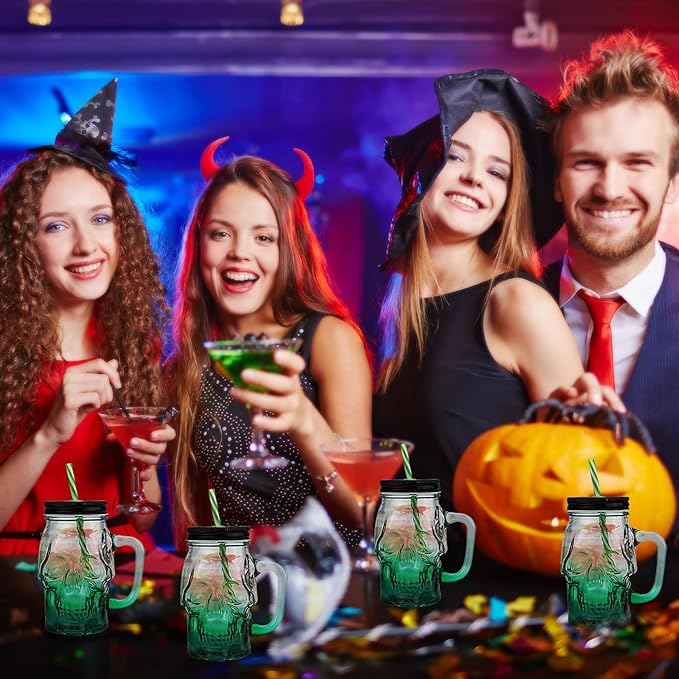Halloween Cups Set of 4 - Green Skull Glass Drinking Jar with Lids and Straws - Halloween Decor, Drinking Glasses 16 oz