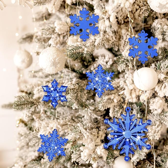 Dilunave 40 Pieces Christmas Snowflake Ornaments Acrylic Christmas Tree Decorations Crystal Snowflakes Translucent Winter Hanging Ornament for Tree (Navy Blue)