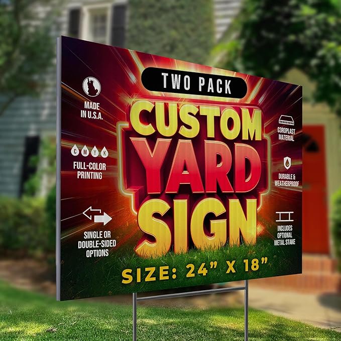 2 Pack 24"x18" Custom Yard Signs with Stakes, Personalized Yard Signs for Outdoors, Customized Full Color Print Corrugated Signs for Business