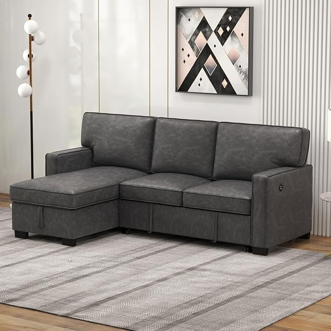 EBELLO Convertible Sleeper Sofa 3 in 1, Faux Leather Modern L-Shaped Couches for Living Room, Pull Out Sectional Futon Sofa Bed with Storage Space, USB Ports and Cup Holders for Bedroom