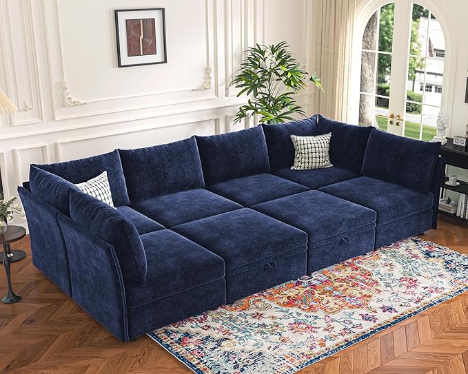 136.4" Oversized Modular Sectional Sofa, U Shaped Convertible Couch with Movable Ottoman, Large 7 Seat Corner Couches for Living Room Deep Seat Blue Chenille