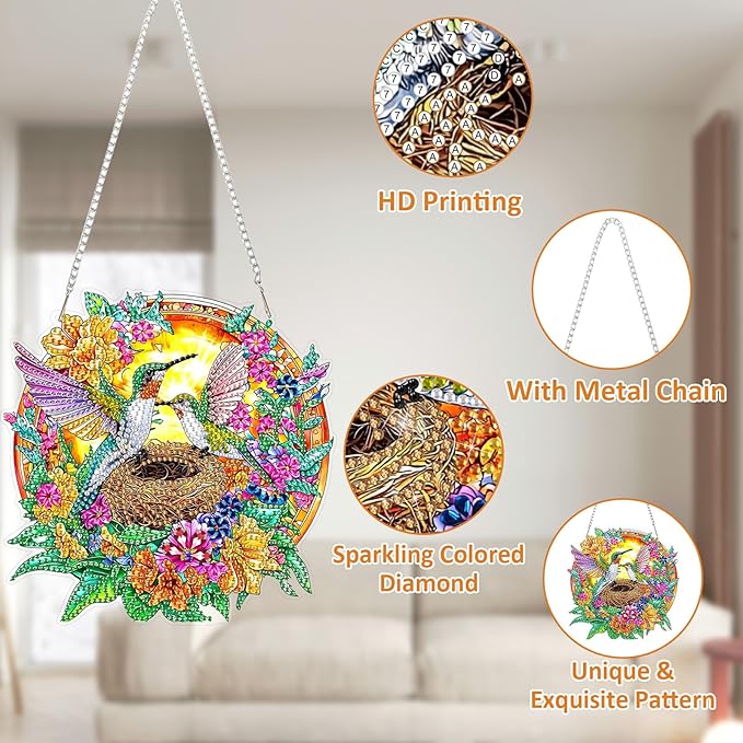 SENQAO Hummingbird Diamond Art Hanging Kit for Adult, Special Shaped Rhinestone, Double Sided DIY Acrylic Diamond Art Painting Window Pendants Home Garden Wall Hanging Kits Hanging Ornament