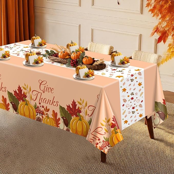 3 Pack Fall Harvest Plastic Tablecloths, 54 x 108 inch Autumn Pumpkin Maple Leaf Table Cloth for Rectangle Tables Disposable Tables Cover Fall Harvest Party Decor for Home Dinner Picnic Thanksgiving