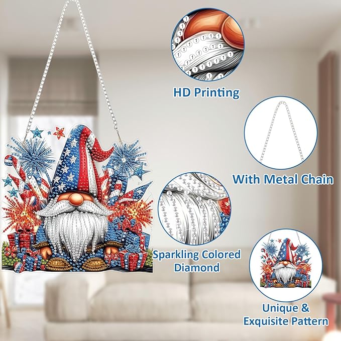 SENQAO Gnome Diamond Art Hanging Kit for Adult, Special Shaped Rhinestone, Double Sided DIY Acrylic Diamond Art Painting Window Pendants Home Garden Wall Hanging Kits Hanging Ornament(4Th of July)