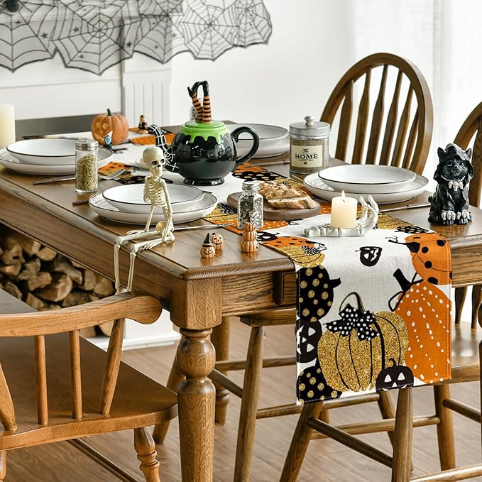 Artoid Mode Polka Dot Halloween Jack-O-Lantern Pumpkin 2PCS Table Runner, Holiday Kitchen Dining Table Decoration Home Party Decor 13x72 Inch
