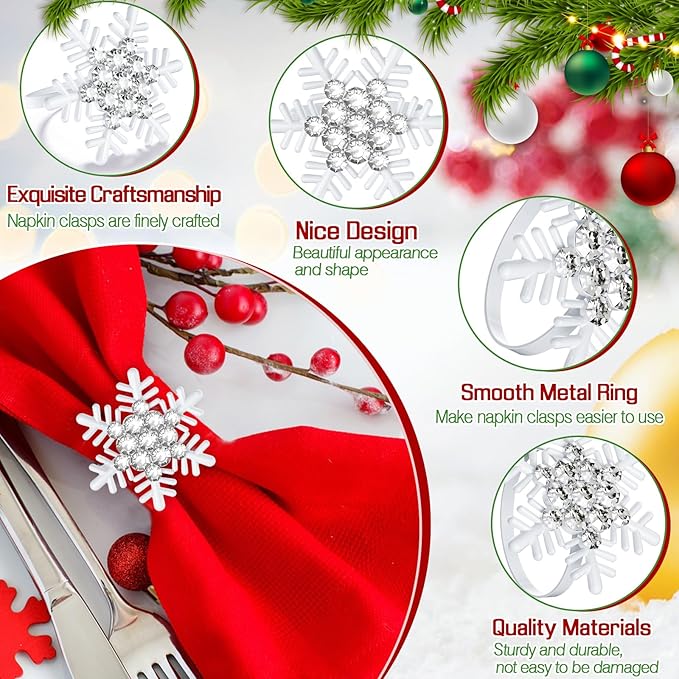 Halatool Set of 8 Christmas Napkin Rings White Snowflake with White Rhinestone Napkin Holder for Christmas Thanksgiving Holiday Party Table Decoration
