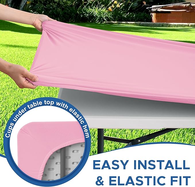Fitted Tablecloth for 6 Foot Rectangle Tables-6 Pack Pink Elastic Outdoor Picnic Table Cover-Spandex Stretch Folding Table Cloths 6 ft for Camping Dining Room Patio Kitchen Banquet Party