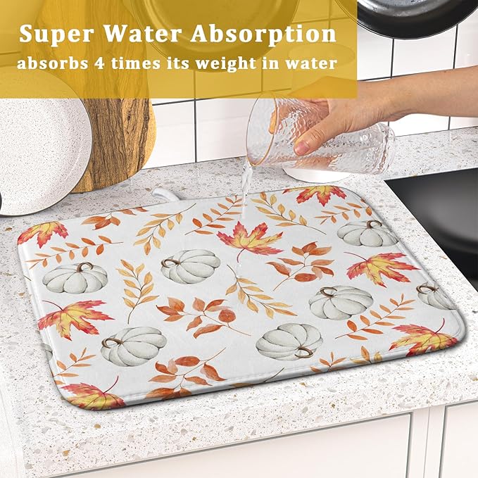 Fall Dish Drying Mat for Kitchen Counter Autumn White Pumpkins Maple Leaves Seasonal Super Absorbent Reversible Microfiber Kitchen Countertop Protector Dishes Pad Small 16x18 inch