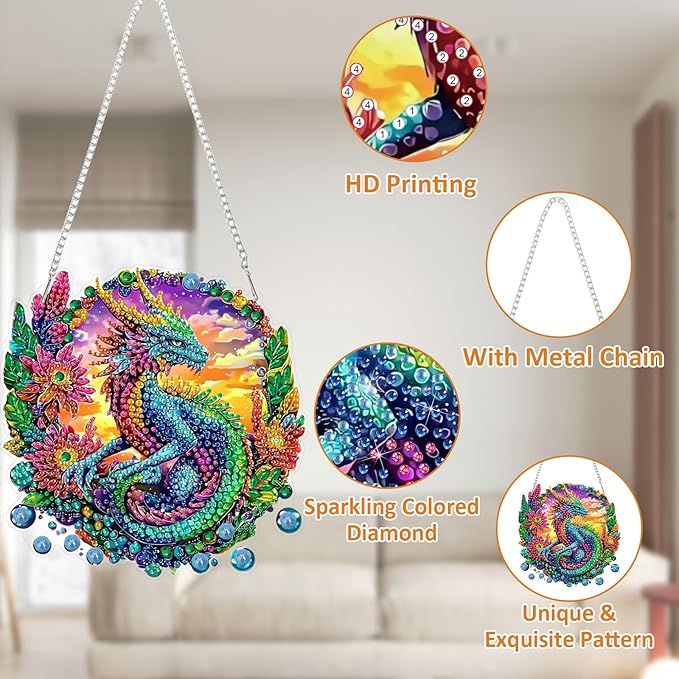SENQAO Dragon Diamond Art Hanging Kit for Adult, Special Shaped Rhinestone, Double Sided DIY Acrylic Diamond Art Painting Window Pendants Home Garden Wall Hanging Kits Hanging Ornament