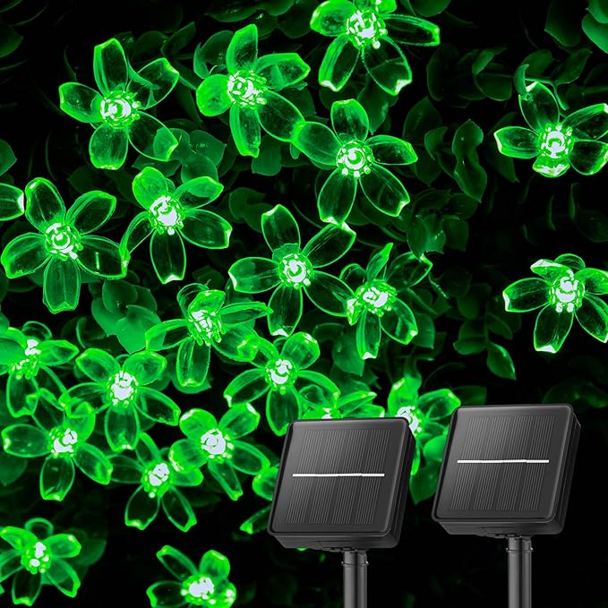 Brightown 2 Pack Total 52FT 120 LED Solar Flower String Lights for Outside Waterproof Fairy Lights for Garden Yard Fence Patio Christmas Tree Wedding Party Decor, Green