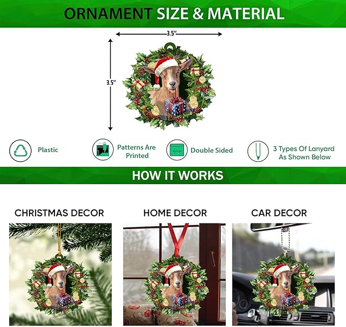 Talataca Goat Wearing A Christmas Hat Wreath Farm Lover 2D Flat Car Rear View Mirror Accessories Christmas Tree Ornament Decoration Hanging Charm Interior Rearview Pendant Decor Gift