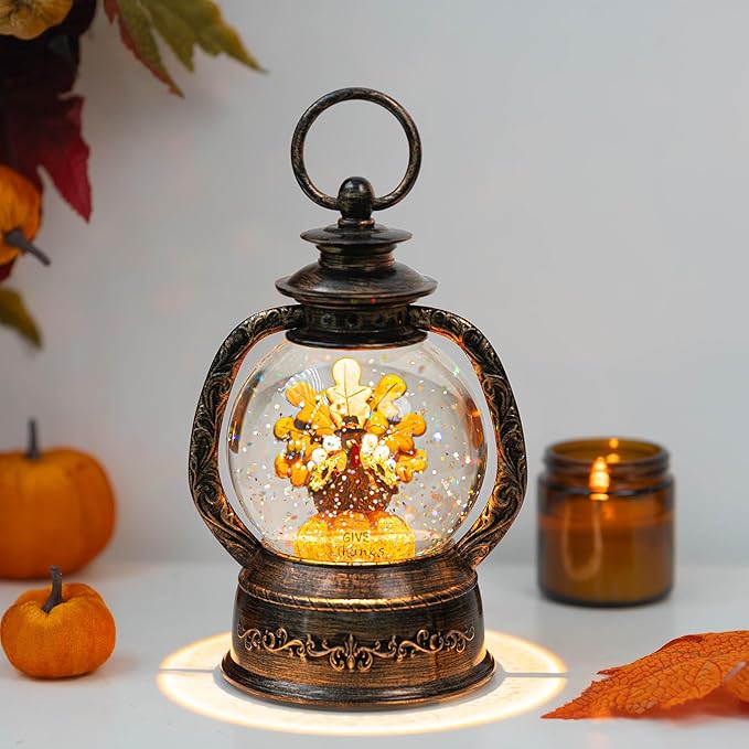 Fall Snow Globe Lantern - Thanksgiving Glittering Lighted Water Lantern, Fall Decorations Autumn Harvest Day Gifts, Home Halloween Christmas Decor (Turkey in Pumpkin)