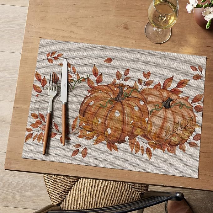 Artoid Mode Pumpkins Leaves Fall Vinyl Placemats Set of 4, Wipeable Colorful Printing PVC Place Mats for Party Kitchen Dining Decor, Beige