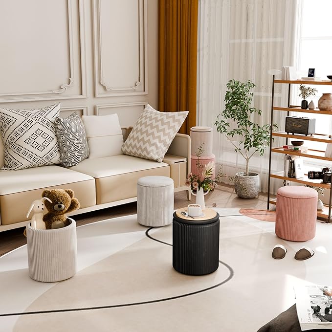 Ottoman with Storage Set of 2, Velvet Storage Ottoman, Upholstered Sponge Vanity Stool Support 300lbs, Multifunctional Coffee Table Foot Rest Ottomans for Living Room Bedroom, White