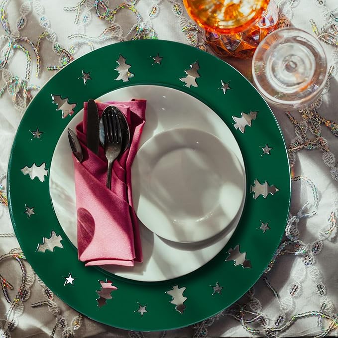 Christmas Charger Plates - 13" Christmas Tree Openwork Holidays Decorations Round Chargers for Dinner Plates - Elegant Table Centerpieces - Hunter Green, 6 Pack