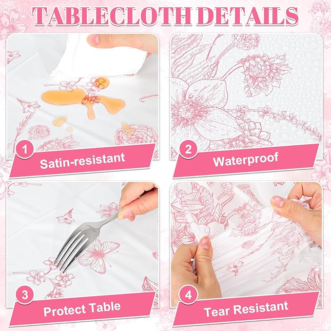 3 Pack Pink Floral Plastic Tablecloths, 54 X 108Inch Tea Party Tablecloth Disposable Vintage Table Cloths Pink and White Porcelain Tables Decor for Birthday Garden Wedding Tea Party Supplies