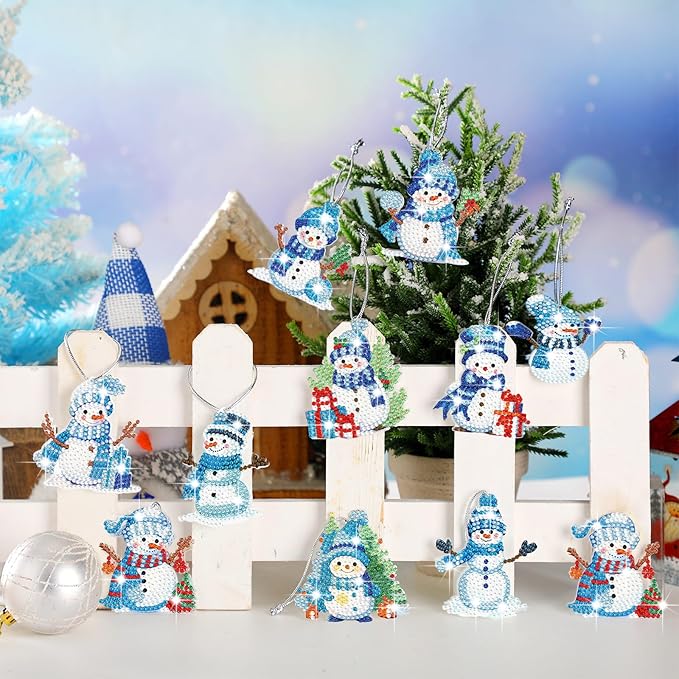 Skylety 20 Pcs Christmas Diamond Art Ornaments Kit Cute Snowman Diamond Painting Ornaments Tag DIY Xmas Rhinestone Art Keychain Crystal Handcraft Gift Wrap Tags with Rope Home Party Decor(Blue)