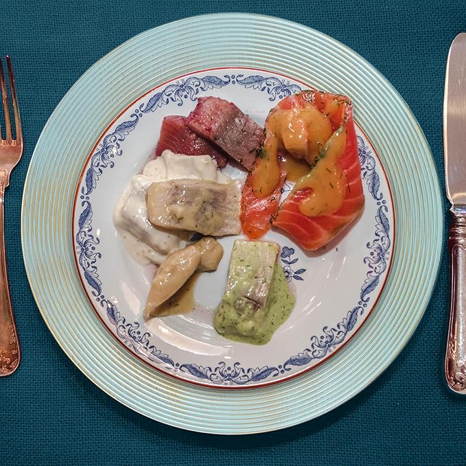 13" Round Charger Plates, 6 pack Ring Pattern Plastic Chargers for Dinner Plates, Vintage Charger Plate Set Bulk Wedding, Turquoise