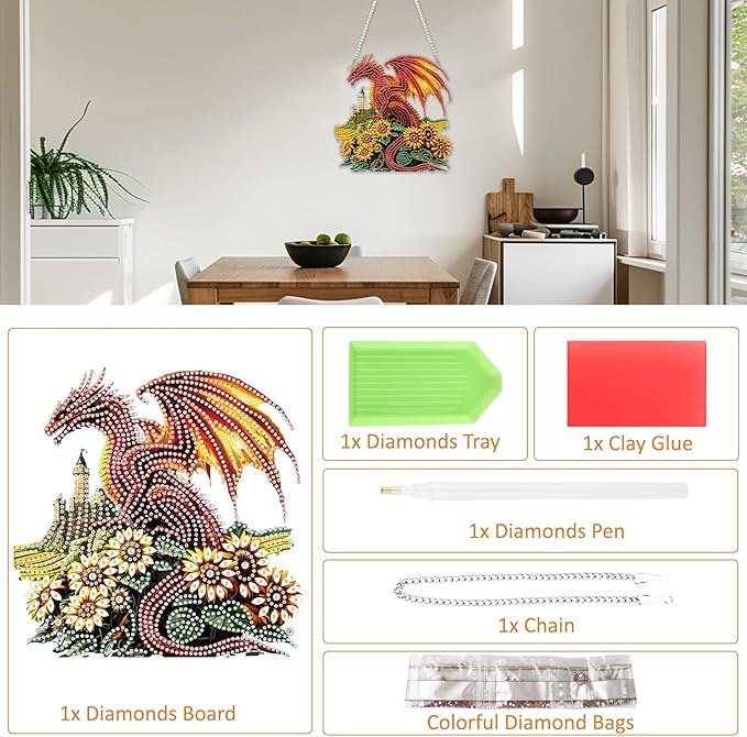 SENQAO Dragon Diamond Art Hanging Kit for Adult, Special Shaped Rhinestone, Double Sided DIY Acrylic Diamond Art Painting Window Pendants Home Garden Wall Hanging Kits Hanging Ornament (Sunflower)