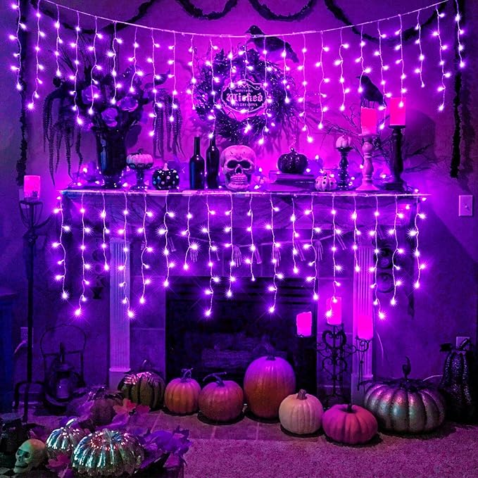 640 LED Purple Halloween Lights Outdoor, 66FT Icicle Lights for Outside with 8 Modes 120 Drops, Waterproof Plug in String Curtain Light for Indoor House Room Patio Party Decorations