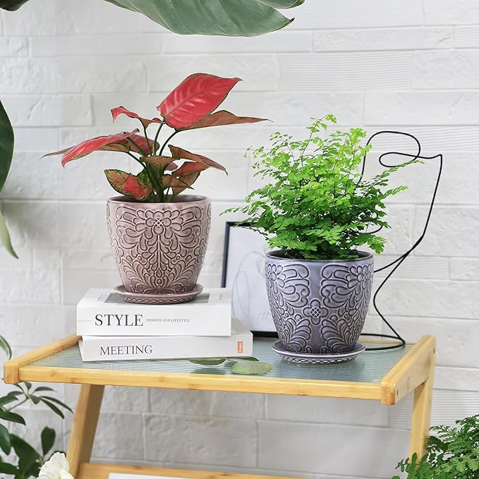 6 Inch Retro Ceramic Planter Set of 2 with Drainage Hole and Saucer for Plants, Indoor-Outdoor Garden Pots for Succulent, Orchid, and Flower (Fits Inner Pots Up to 5 Inches, Retro Peach)