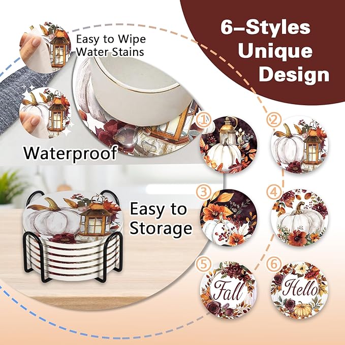 Hello Fall Drink Coasters with Holder Set of 6, Autumn White Pumpkin Floral Absorbent Ceramic Cup Mat for Coffee Table Protection, 4 Inches Vintage Flower Home Kitchen Decor Housewarming Gifts