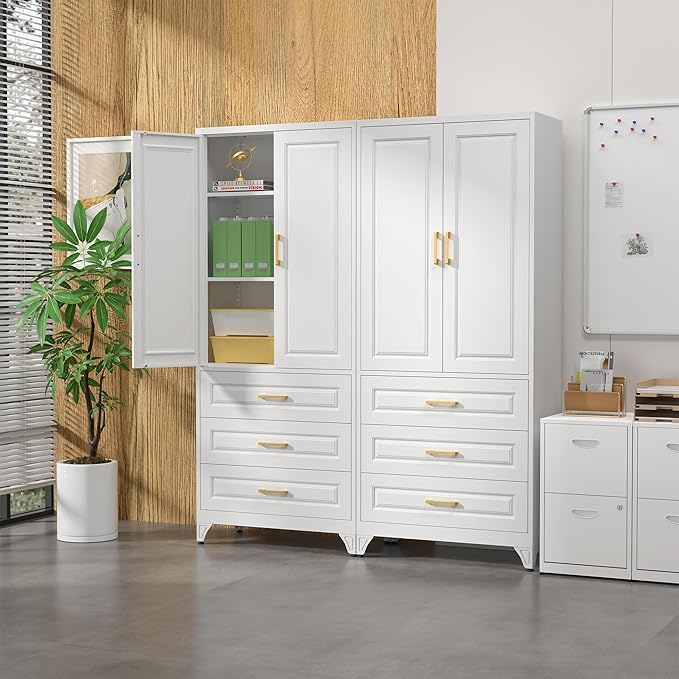 75" Kitchen Pantry Cabinet with 3 Drawer,Metal Storage Cabinets with Doors and 4 Adjustable Shelves,White Kitchen Cabinet with 2 Gold Handles,Food Cupboard for Livingroom,Pantry, Bathroom