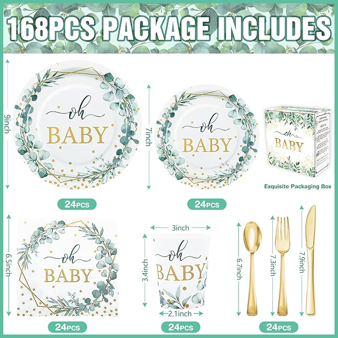 168 PCS Sage Green Baby Shower Decorations Neutral, Baby Shower Plates and Cups and Napkins Sets Serves 24, Oh Baby Plates for Boy, Gender Reveal, Green and Gold Plant Eucalyptus Boho