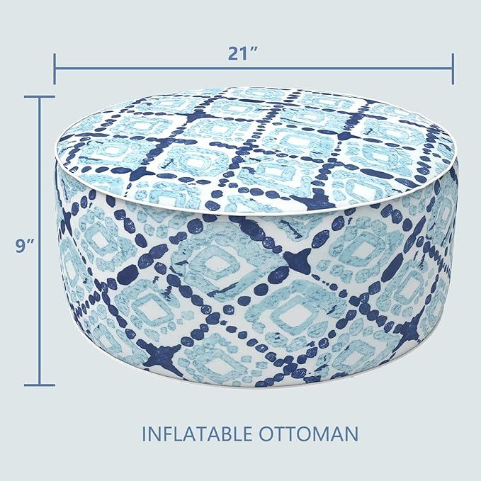 LVTXIII Inflatable Stool Ottoman Footrest with Handle, Decorative Fade-Resistant Foot Stool, Indoor or Outdoor Pouf for Home Garden and Camping Use, 21x21x9, Boho Geometry Blue