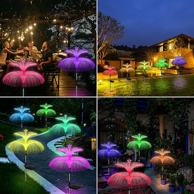 Solar Garden Lights 3 Pack New Upgraded Solar Lights Outdoor Waterproof 7 Color Changing Double Jellyfish and Star Flower Garden Decor Yard Lawn Christmas Outdoor,Gifts for Mother's Day Women