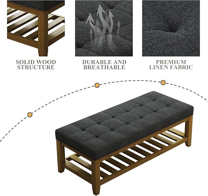 Large Rectangular Upholstered Ottoman Bench, Linen Tufted Footrest Ottoman with Solid Wood Shelf Storage Coffee Table for Bedroom Living Room, Dark Gary
