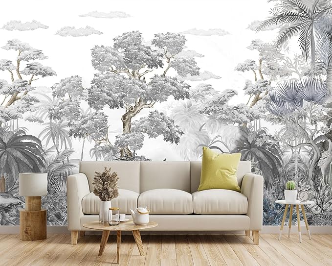 '-Tropical Rainforest Botanical Grey Jungle Forest Fabric Wallpaper Living Room Palm Leaf Plant Bedroom Bathroom Wall Mural- 91"x65"( not Peel and Stick)