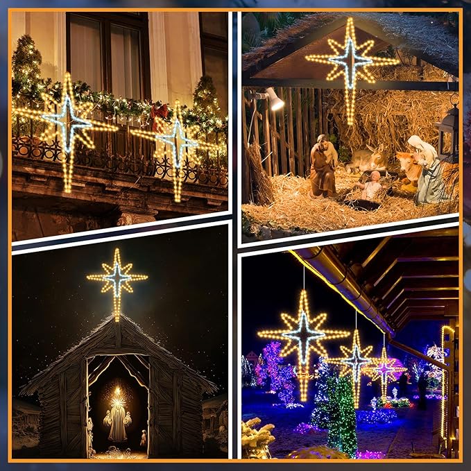 28" Christmas Star of Bethlehem LED Star Hanging Lights Nativity Holy Family Light for Door Window Porch Wall Decoration Plug Operated Lighted Hanging Tree Topper(White, Warm Light)