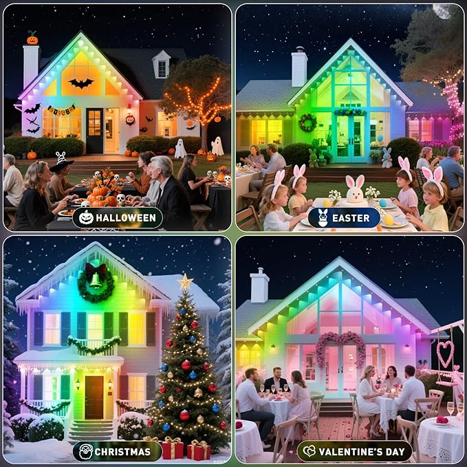100ft Permanent Outdoor Lights,for House Roof, Christmas, Holiday, Party, Daily Lighting, IP67 Waterproof,RGB Eaves Lights with Multi Scene Modes for Halloween