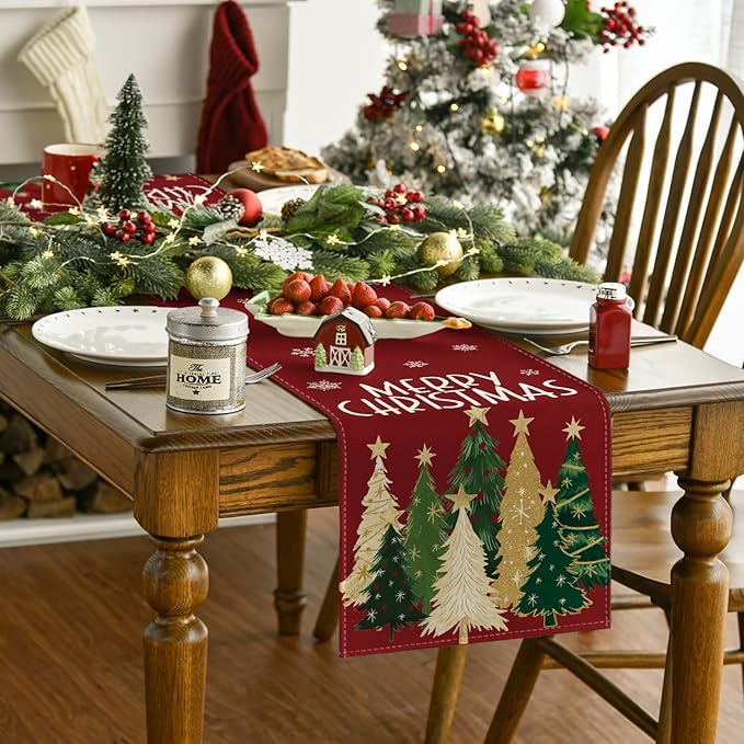 Artoid Mode Xmas Trees Snowflakes Red 210 GSM Merry Christmas Table Runner, Winter Kitchen Dining Table Decoration for Home Party Decor 13x108 Inch