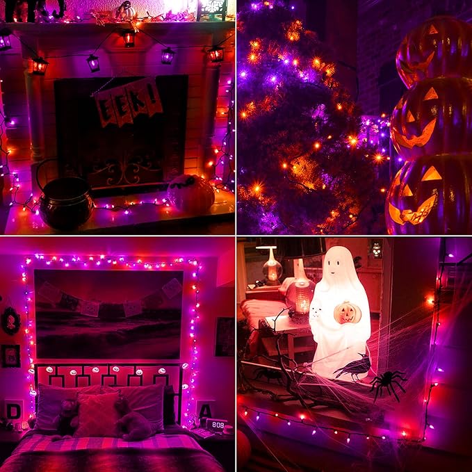 BrizLabs Orange Purple Halloween Lights, 33ft 100 LED Battery Halloween Lights, 8 Modes Orange Purple String Light with Timer, Indoor Outdoor Mini Battery Light for Outside Tree Bedroom Patio Decor