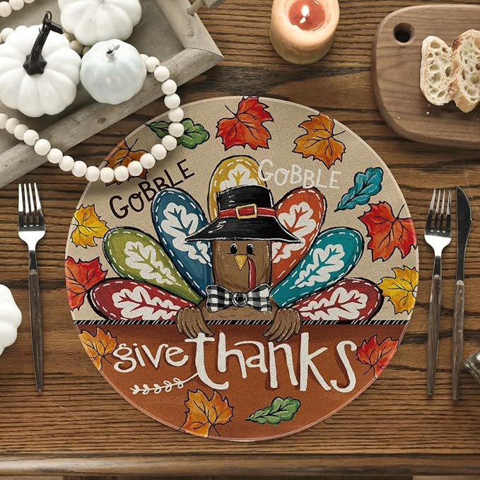 Artoid Mode Turkey Give Thanks Thanksgiving Placemats Set of 4, 15 Inch Seasonal Autumn Round Table Mats for Dining Decoration