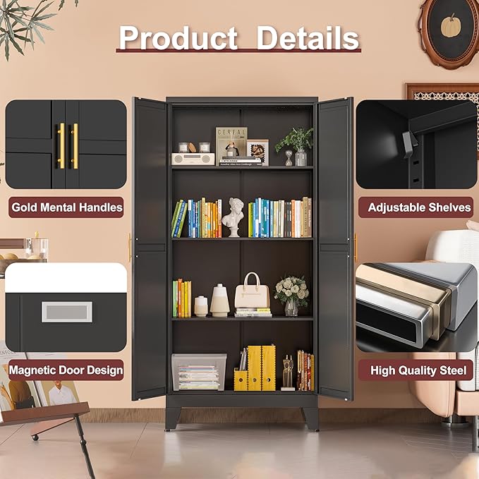 Metal Pantry Cabinet with 2 Doors and Adjustable Shelves, Kitchen Storage cabinets with Gold Handles, Versatile Storage for Laundry Room,Living Room,Bathroom,Dinning Room-Black