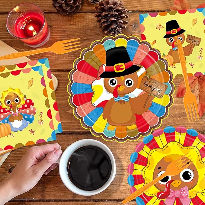 Turkey Thanksgiving Party Supplies - 96 Pcs Fall Decorations Set With Paper Plates, Napkins, Forks - Autumn Disposable Tableware for Harvest Party