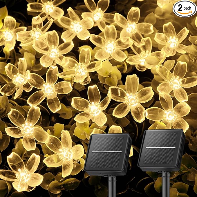 Brightown 2 Pack Total 52FT 120 LED Solar String Lights Flower Outdoor Waterproof Fairy Lights for Garden Yard Fence Patio Christmas Tree Wedding Party Decor, Warm White