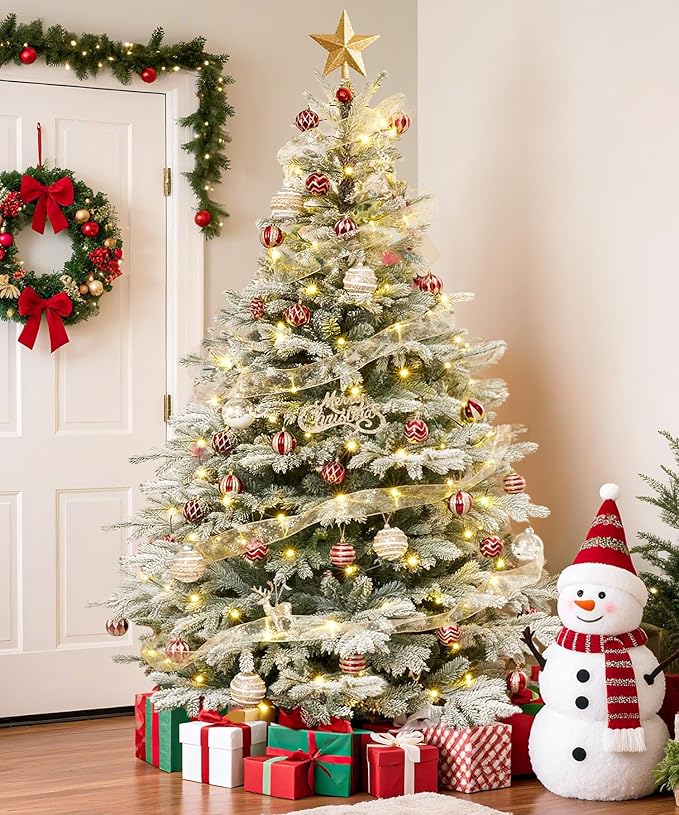 Decoway 7ft Artificial Christmas Tree, Unlit Snow Flocked Xmas Tree with 2364 Branch Tips and Sturdy Metal Stand for Indoor Outdoor Home Decoration