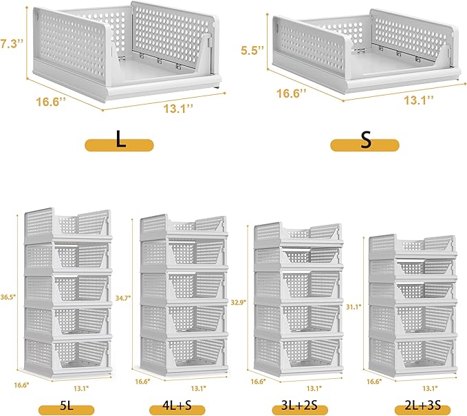 5 Pack Stackable Plastic Storage Basket Closet Organizer Bin Foldable Clothes Organizer Storage Drawer Shelf Container for Living room Bathroom Kitchen Office (3L+2S)