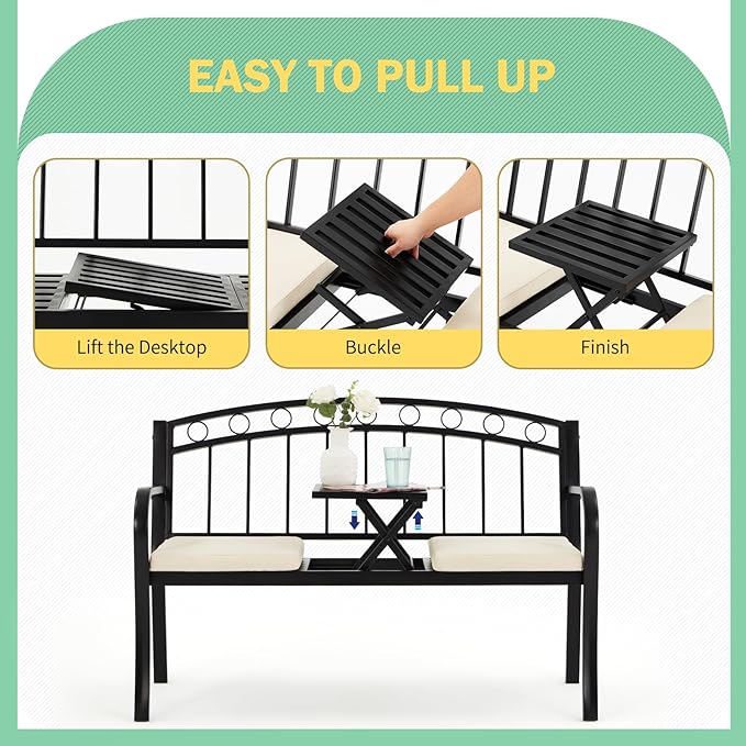 AVAWING Outdoor Metal Garden Bench, 2-Seat Patio Porch Bench with Steel Frame, Park Bench w/Pullout Middle Table& Cushion for Backyard Lawn Deck Entryway, Black