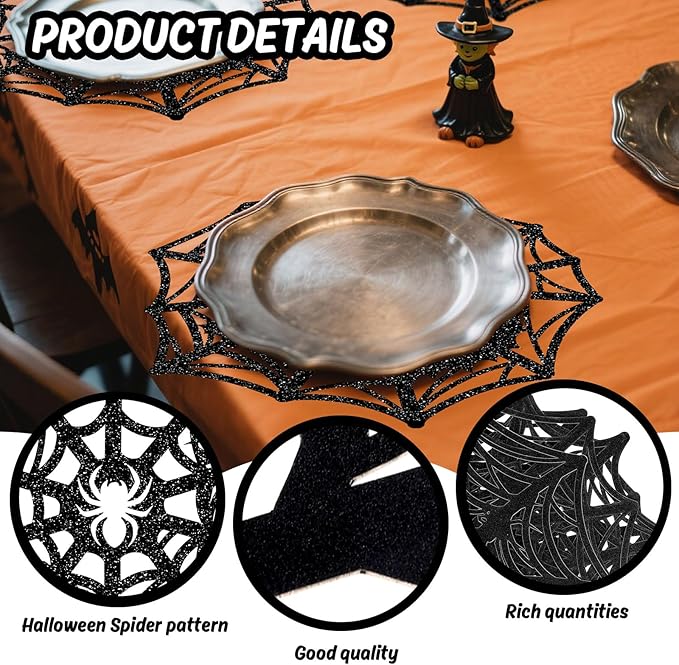60Pcs Halloween Disposable Paper Placemats Glitter Black Spider Web Dining Table Mat Place Mats for Trick or Treat Party Home Table Setting, 13 x 13 Inch