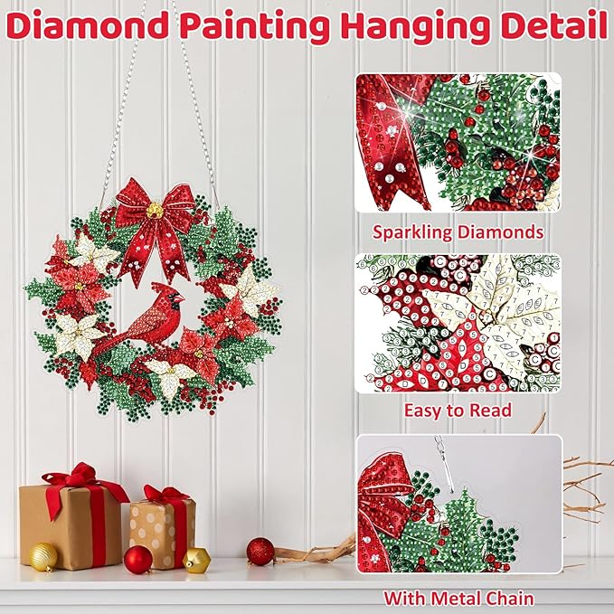 MEIYUDA Christmas Diamond Art Hanging Kits for Adult, Cardinal Wreath Diamond Painting Hanging Kits Ornaments, DIY Special Shaped Rhinestone Window Pendants kit for Home Garden Wall Decor Gift