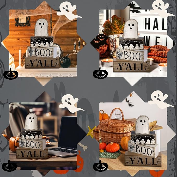 4 Pcs Halloween Table Decoration Wooden Ghost Tiered Tray Decoration Rustic Wood Ghost Block Signs Gift Halloween Centerpiece Farmhouse for Home Tabletop Kitchen Shelf