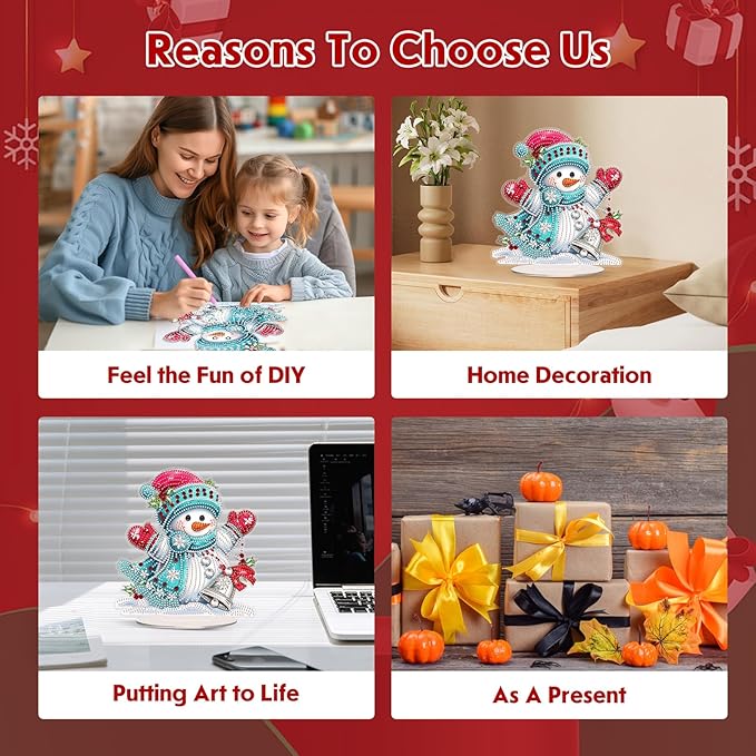 MEIYUDA Christmas Diamond Art Tabletop Kits, Christmas Snowman Diamond Art Painting Desktop Ornaments for Adult, DIY Special Shaped Crystal Desk Placement Ornament for Home Office Decor Crafts Gift