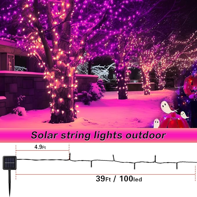 4-Pack Solar String Lights,156Ft Extra-Long 400 LED Waterproof Solar Halloween Lights, 8 Modes for Garden, Patio, Wedding (Purple & Orange)