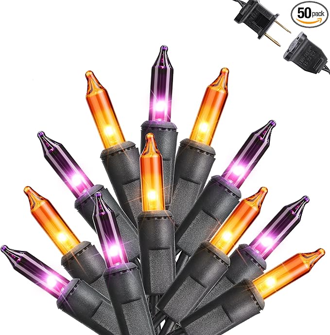 Toodour Orange & Purple Halloween Lights, 12.5ft 50 Count Incandescent Halloween String Lights, UL Certified Connectable Mini Bulbs String Lights for Outdoor, Indoor, Garden, Porch, Party, Home Decor