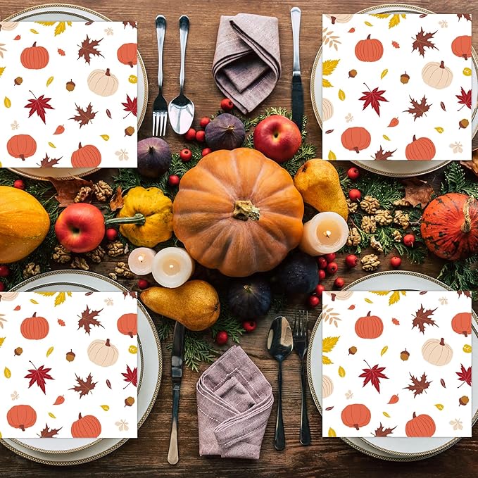 50 Pcs Fall Napkins 5 x 5 inch, 3 Ply Pumpkin Maple Leaves Paper Napkins Disposable Holiday Cocktail Napkins for Dinner Bathroom Autumn Thanksgiving Party Decorations (Fall)